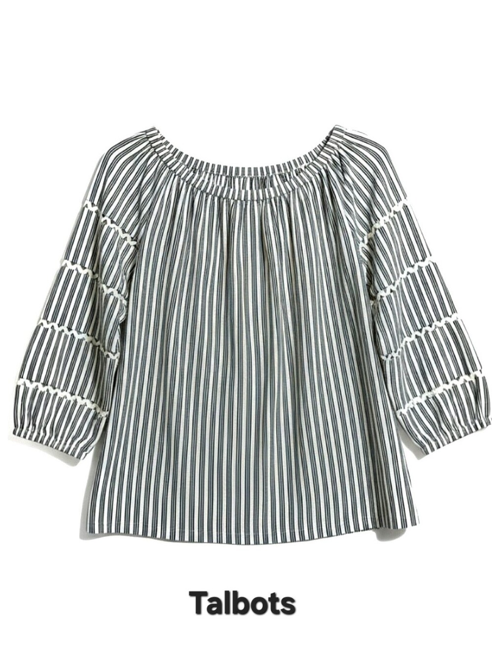 Talbots Black and White Stripe Scoop Neck Top with Ric Rac Trim Sleeves Size MP